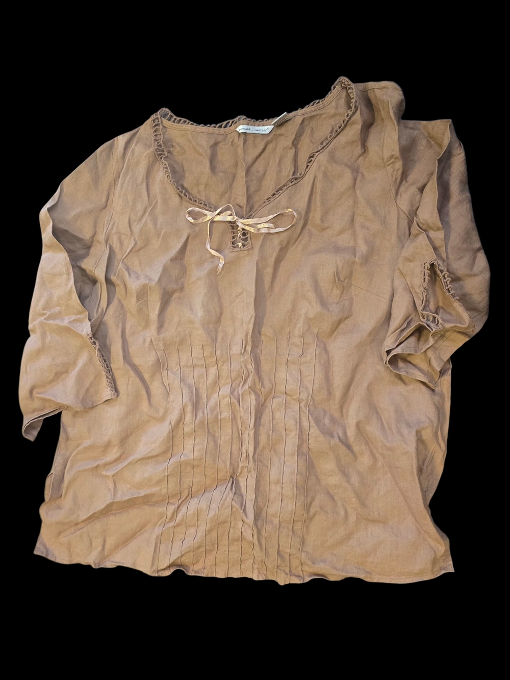 100% Linen Pintuck Peasant Top - Tan
